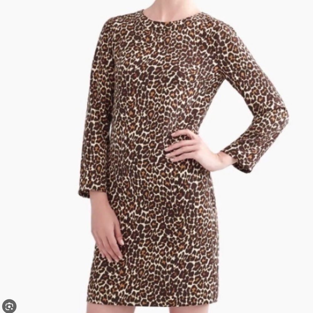 NWT j. Crew dress shift crape leopard Animal Printed long sleeve brown K2150